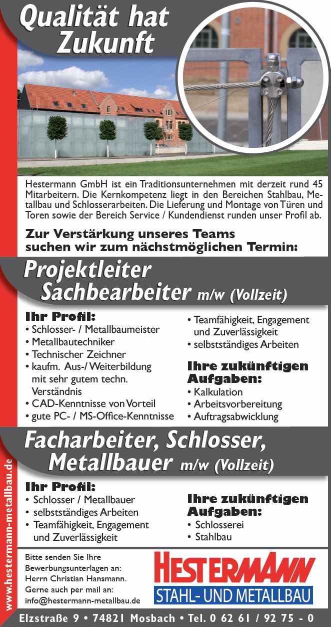 Werden Sie Teil von Hestermann Stahl- und Metallbau - wir suchen Facharbeiter, Schlosser, Metallbauer m/w (Vollzeit), Monteur, Metallbauer, Schreiner m/w (Vollzeit), Kundendienst- und Servicemonteur m/w (Vollzeit)